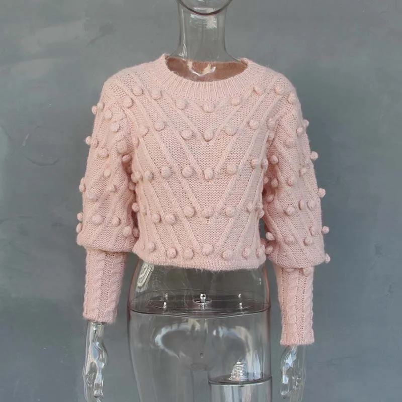 pink pom pom sweater Весна Осень розовый Pom свитер женский длинный фонарь рукав укороченный пуловер женский элегантный толстый теплый джемпер Pull Femme - Цвет: pink pom pom sweater