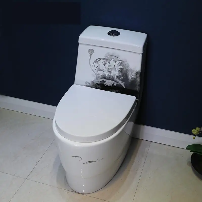 Conjoined Art Toilet Mute Water Saving Anti Odor Bathroom Ink And Lotus pattern Household seat | Обустройство дома