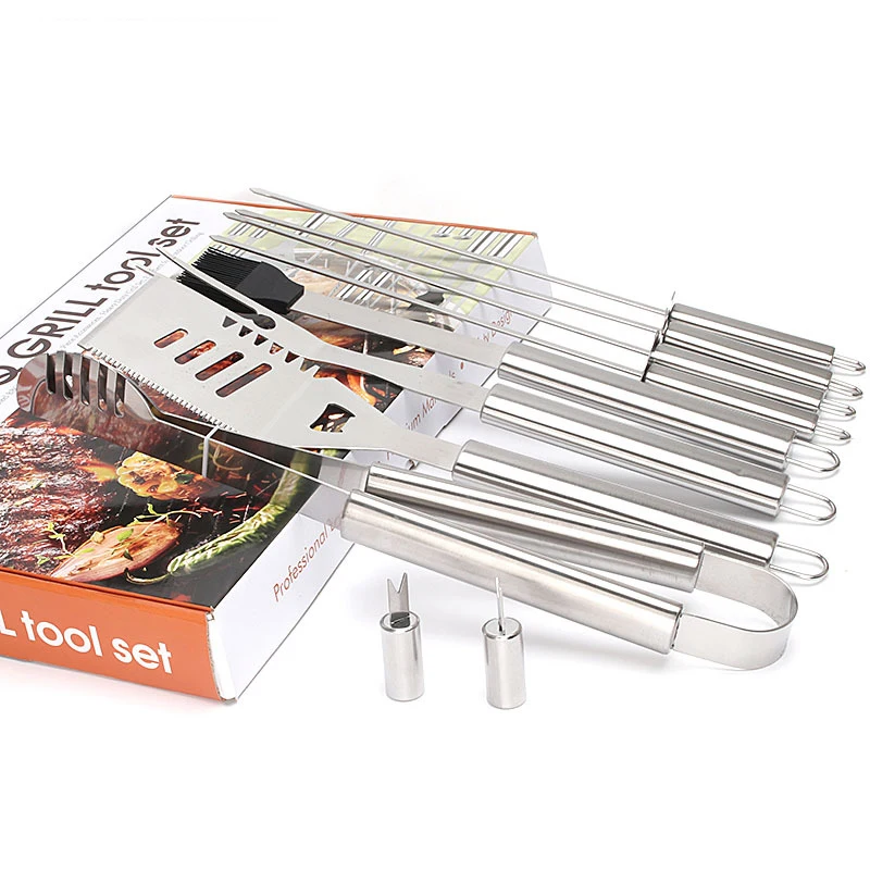 

BBQ Grill Tool 10 Sets of Stainless Steel Large Handle Barbecue Kitchen Spade Brush Fork Accessories Outdoor for Grilling Rack