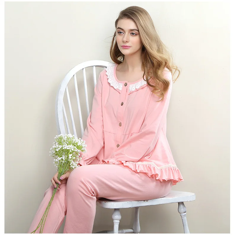 Lovely Pink Pajamas Suit Long Sleeved Cotton Women Set for Solid Sleeping Homewear Nightgown Home Clothes | Женская одежда