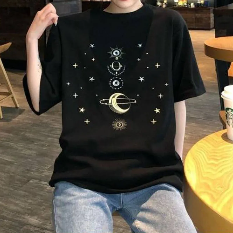 Boho Moon Stars черная белая женская футболка модная повседневная Хлопковая новые
