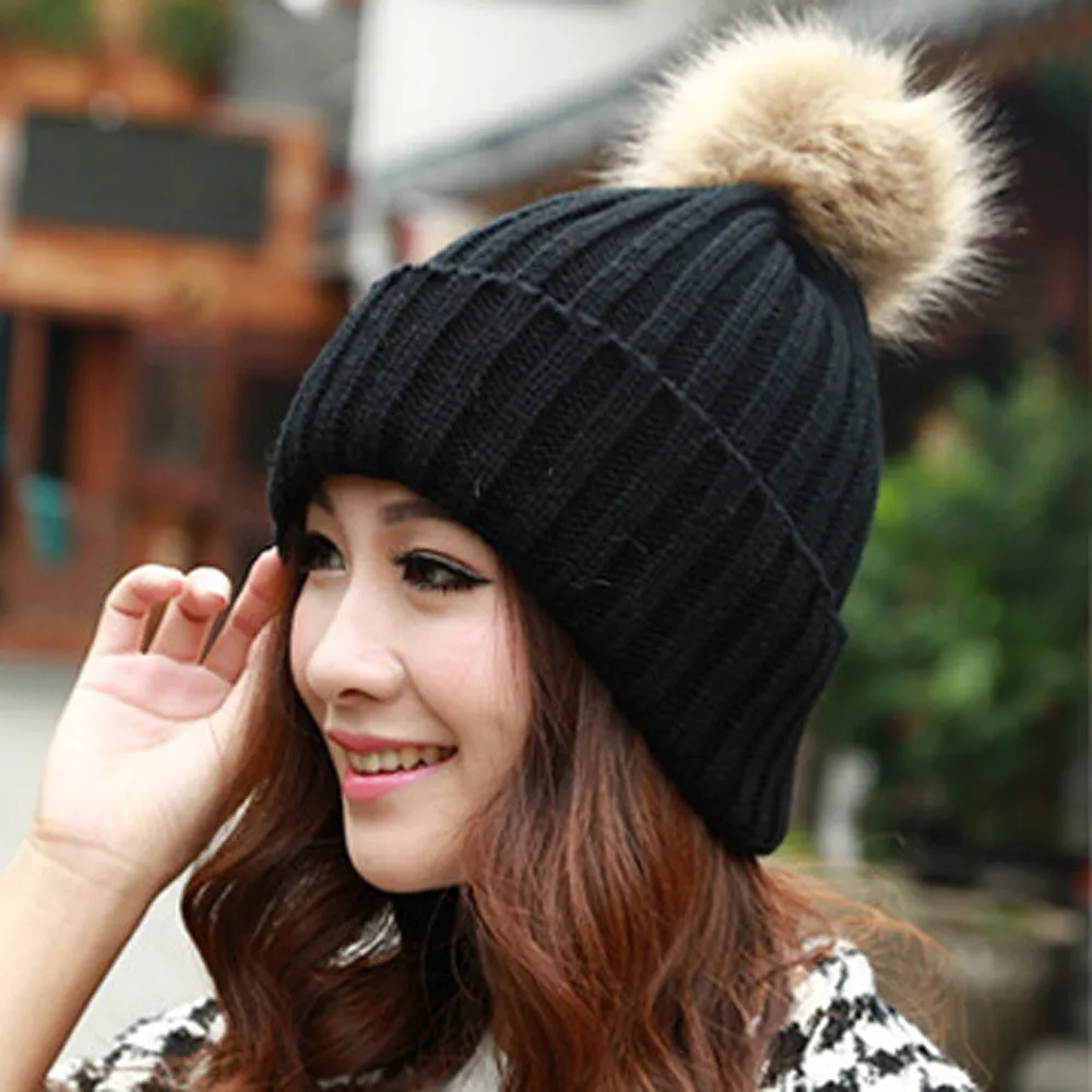 Шапки шляпа женский pom beanie женщин Шапки капот skullies и шапочки помпон однотонные зимние теплые шляпа женский шерсть помпонами Кепки JN3B