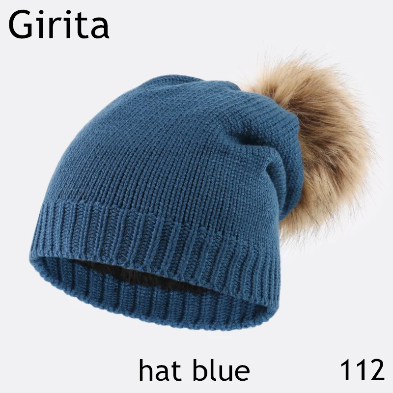 Girita женская зимняя вязаная шапка Skullies Beanies, шапки с флисовой подкладкой, вязаные меховые женские теплые шапки с помпоном - Цвет: hat blue