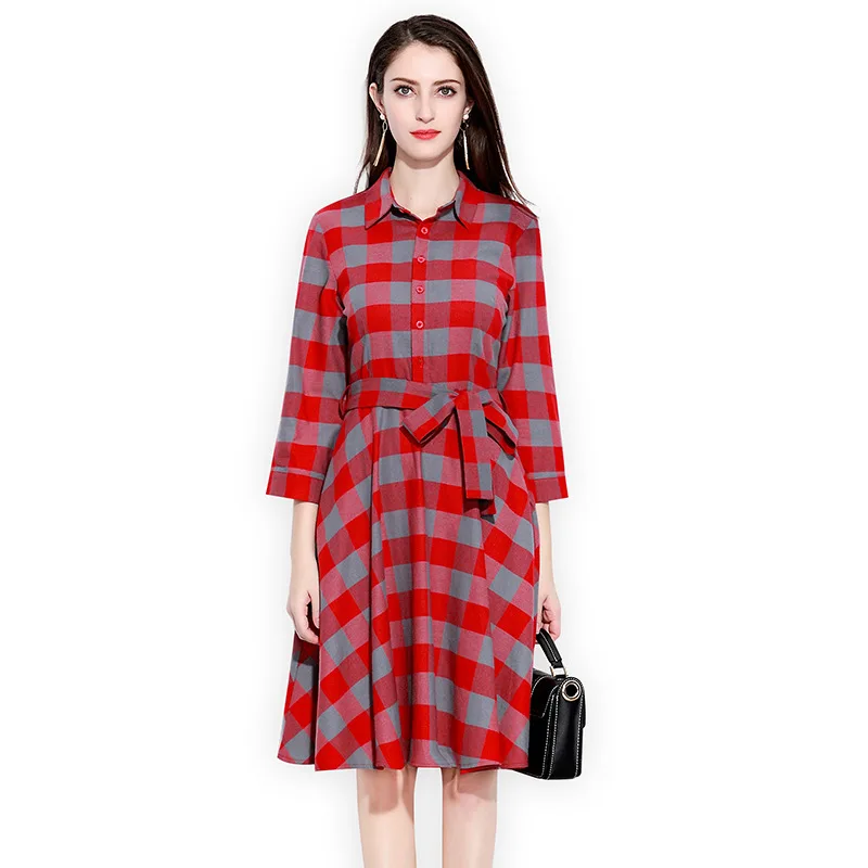 Плед Для женщин платье-рубашка Винтаж Кнопка Платье с поясом Мода Англия Стиль 4XL