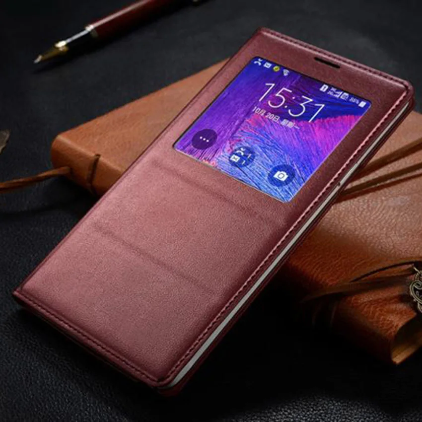 Asuwish откидная крышка кожаный чехол для Samsung Galaxy Note 4 Note4 N910 N910F N910H телефона чехол Smart View с чип - Цвет: Wine red