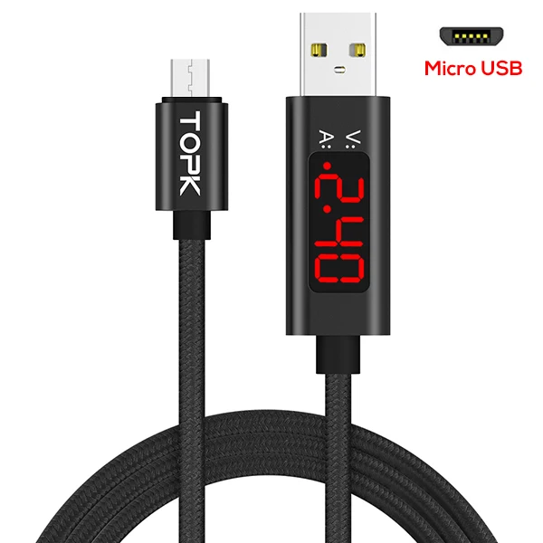 TOPK 1 м(3,28 фута) Micro USB зарядка данных светодиодный цифровой дисплей напряжения и тока нейлоновый Плетеный usb-кабель для Samsung Xiaomi LG - Цвет: Black