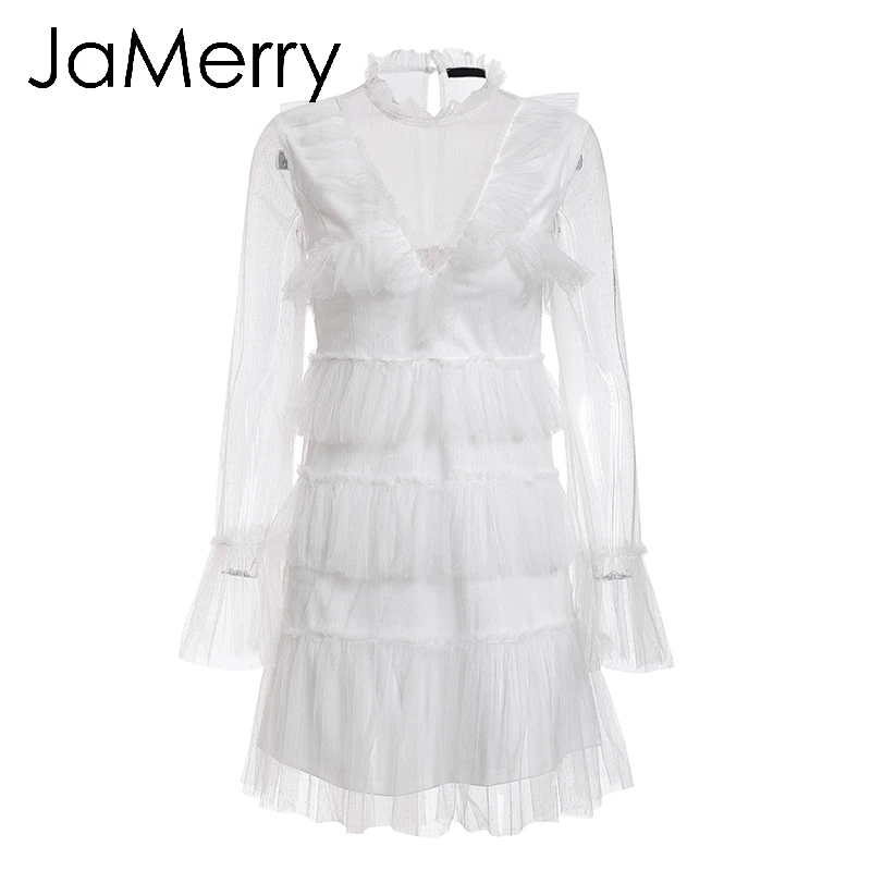JaMerry, винтажное, сексуальное, Сетчатое, в горошек, женское, белое платье, летнее, с длинным рукавом, облегающее, короткое, мини платье, элегантное, для знаменитостей, для вечеринки