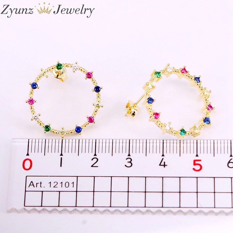 10Pairs, NEW fashion Crystal Round Circle Earrings Rainbow CZ Micro Pave Zirconia Open Round Stud