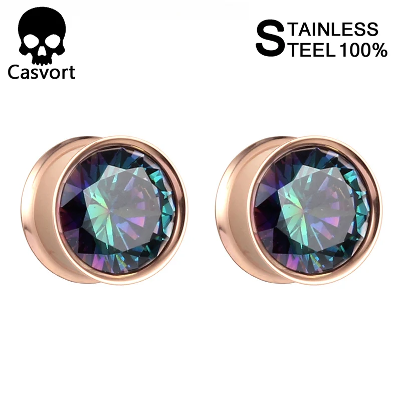 rose gold Casvort двойной расклешенный ушной штекер тоннель из нержавеющей стали винт обратно Красочные циркония ушные датчики расширитель пирсинг ювелирные изделия - Окраска металла: rose gold