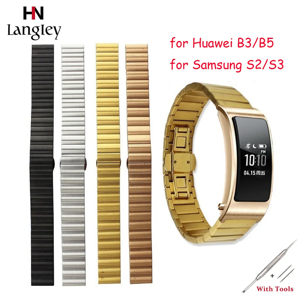 

Gold Stainless Steel Watchband For Huawei B3/B5 Samsung Gear S2/S3 Watch 16/18/20/22mm Straps Butterfly Buckle High Quality #a