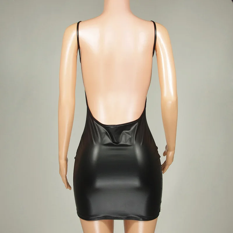

CWLSP 2018 Summer Faux PU Leather Mini Dress Womans Sexy Backless Package Hip Bodycon Dress Punk Club Vestido QZ1977
