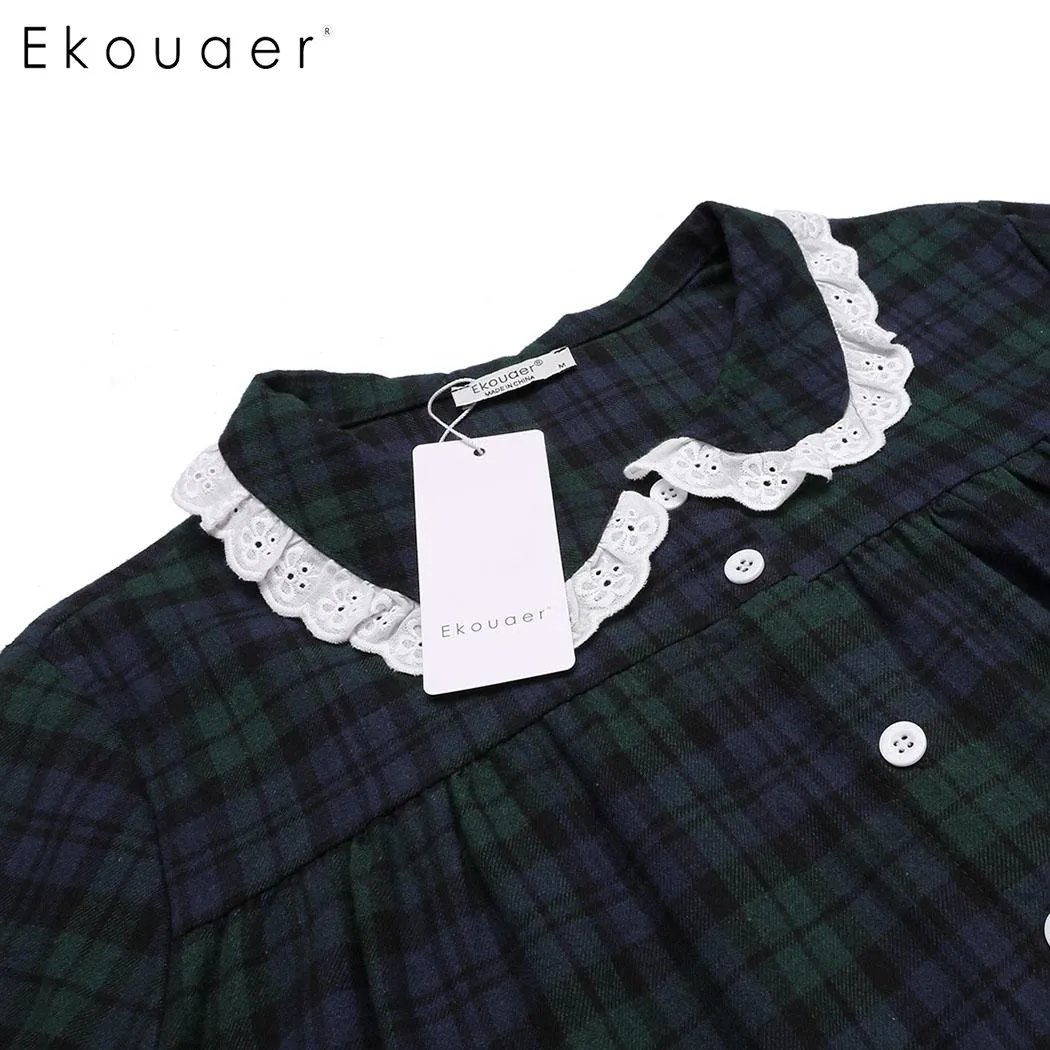 Женская клетчатая Ночная рубашка на пуговицах с длинным рукавом|plaid nightgown|nightgowns