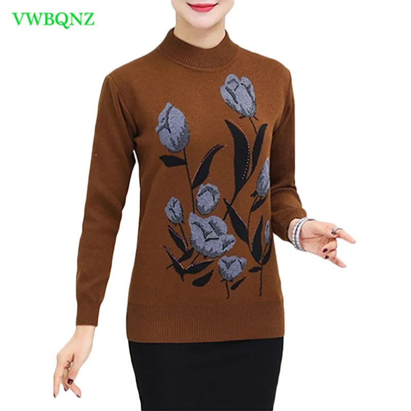 Autumn Winter Warm Pullovers Sweater Middle-Aged Women Flower Printed Wool Sweaters Female Noble Plus size Knitting shirt A681 | Женская