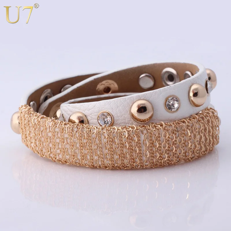 

U7 Wrap Bracelets Punk Men Jewelry Gold Color Resizable 3 Colors High Quality Genuine Leather Bracelets H531