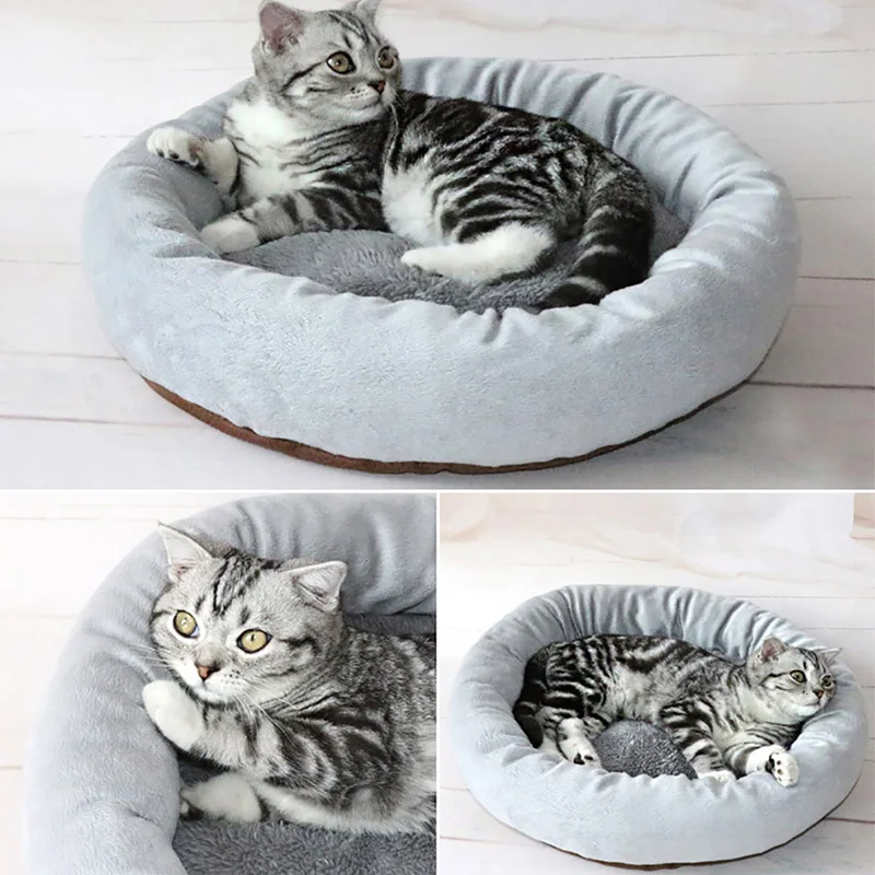 Однотонная кровать для кошки удобная круглая мягкая котят диван теплое гнездо