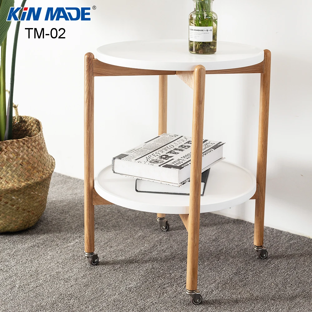

Kinmade Red Oak Removable End Table 2 Layers Dining Car Round Coffee Table Living Room Multi-Function Wheel Storage