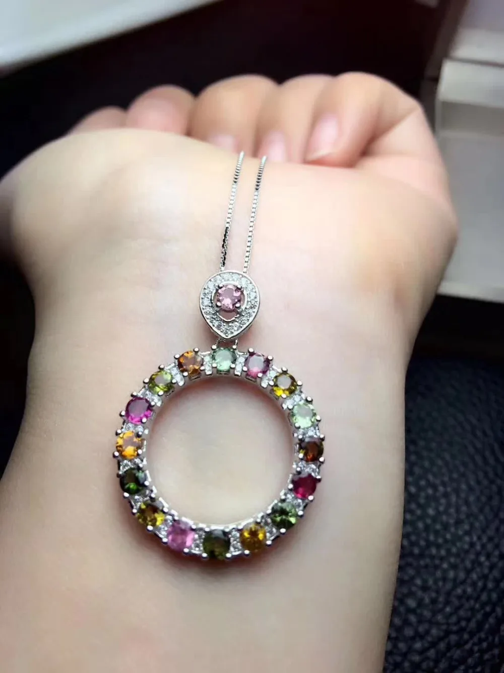 

Fashion Natural Multicolor tourmaline Elegant round pendant S925 silver Natural gemstone Pendant Necklace woman party jewelry