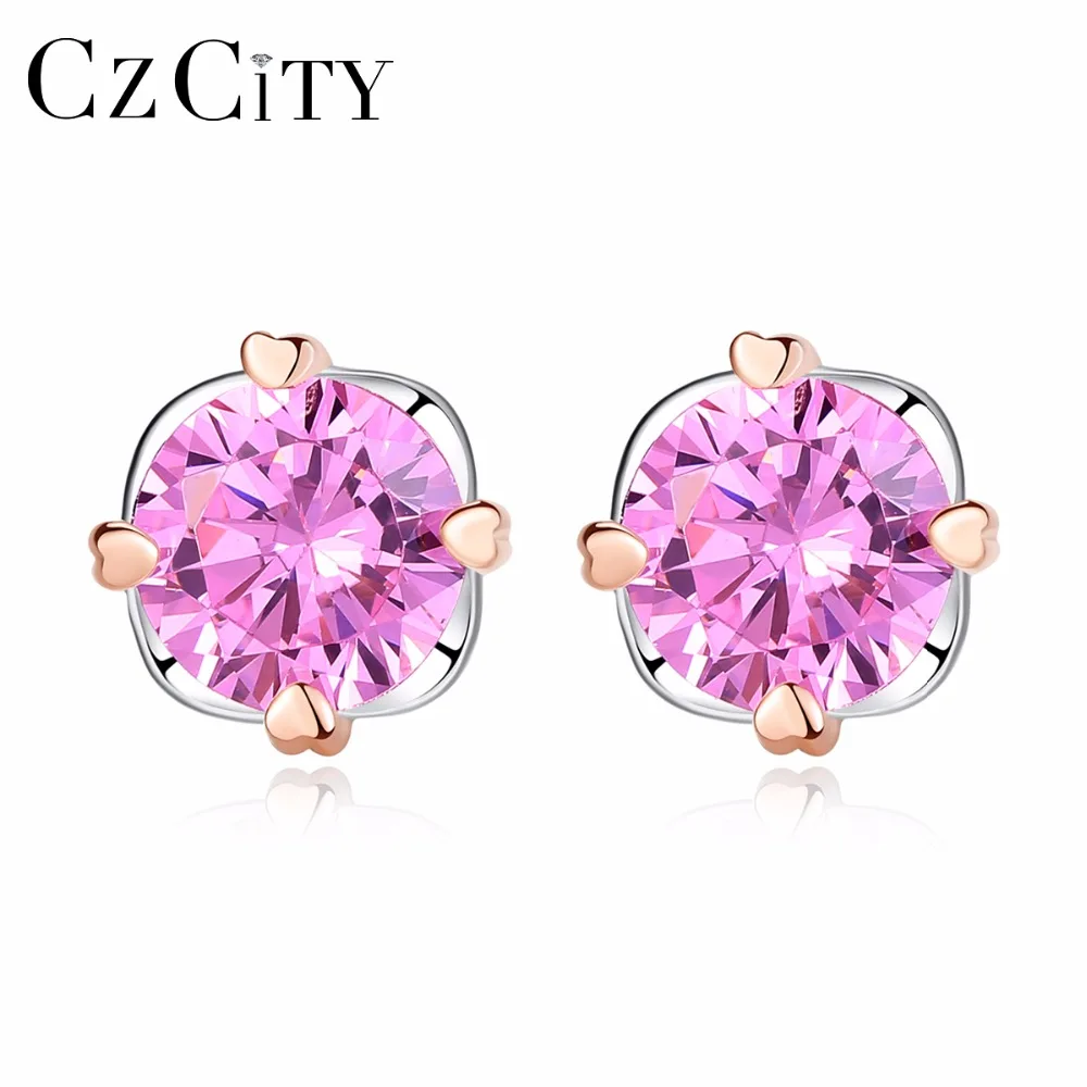 

CZCITY Pink Zircon Stone Crystal Small Earrings Stud Earrings Stud Genuine Sterling Silver 925 Women Jewelry Brand New Fashion