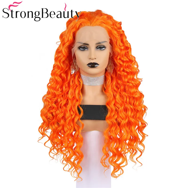 StrongBeauty длинные вьющиеся парики спереди Синий Зеленый Оранжевый синтетические