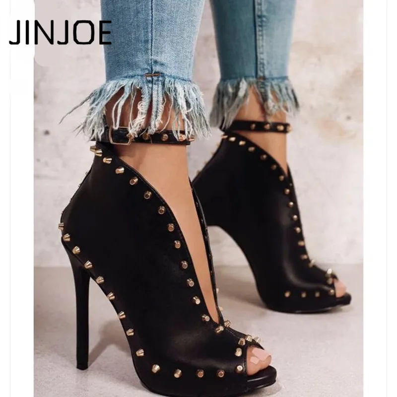 

New Europe Popular Street beat rivet shoes fish mouth High-heeled Catwalk sexy Rome Ankle Buckle Strap PU heel 12cm Woman pumps