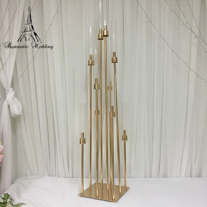 

6pcs 59inches Tall 10 arms Gold Metal Glass Cover Candelabra Candle Holder Wedding Table Centerpiece Flower Stand Decoration