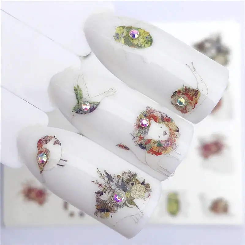 Переводные наклейки YWK с цветами/лошадью/птицей/улиткой/собачкой для нейл арта