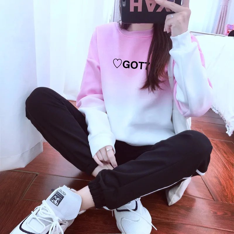 Kpop Got7 толстовка с сердцами для женщин Ulzzang градиент буквы вырез лодочкой Свитшот