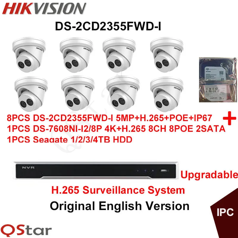 Hikvision оригинальный английский H.265 CCTV Системы 8 шт. DS 2CD2355FWD I 5MP IP башни Камера POE + 4 К