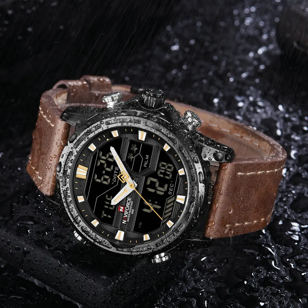 NAVIFORCE Military Mens Watches Top Brand Luxury Dual Time Quartz Sports Watch Leather Strap Waterproof LED Digital Male Clock | Наручные