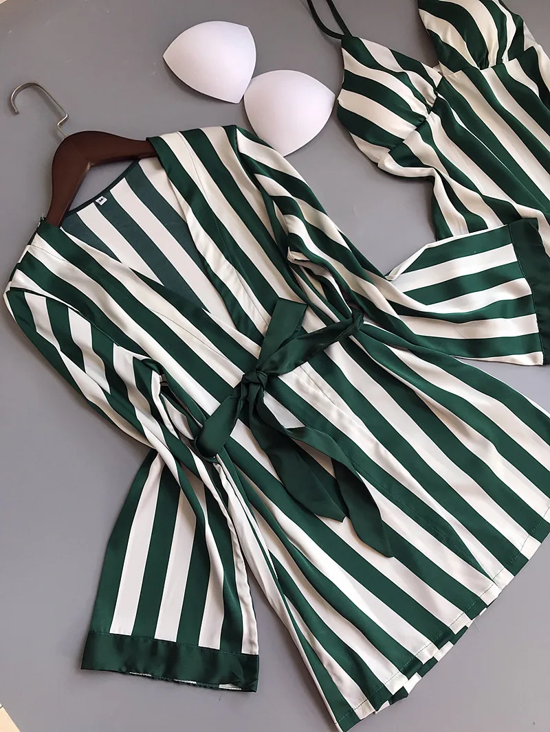ZDFURS*Women Pajamas Set Satin Sleepwear 3 Pieces Spaghetti Strap Stripe Parttern Sexy Lingerie Silk Pijama Home Clothing Pyjama
