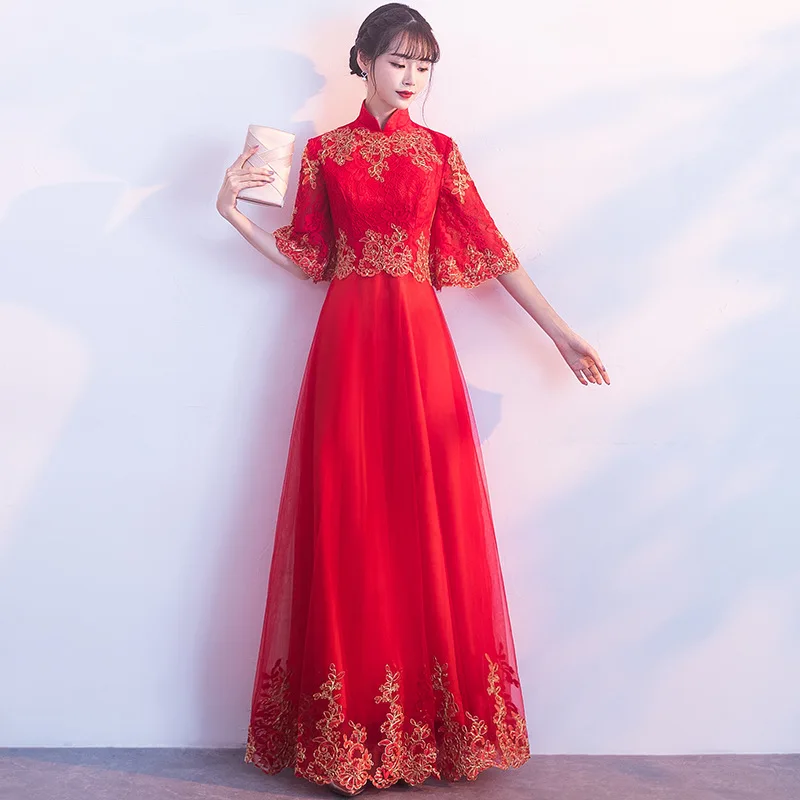 Модное кружевное платье Ципао в Корейском стиле с коротким рукавом Cheongsam Goddess 2018