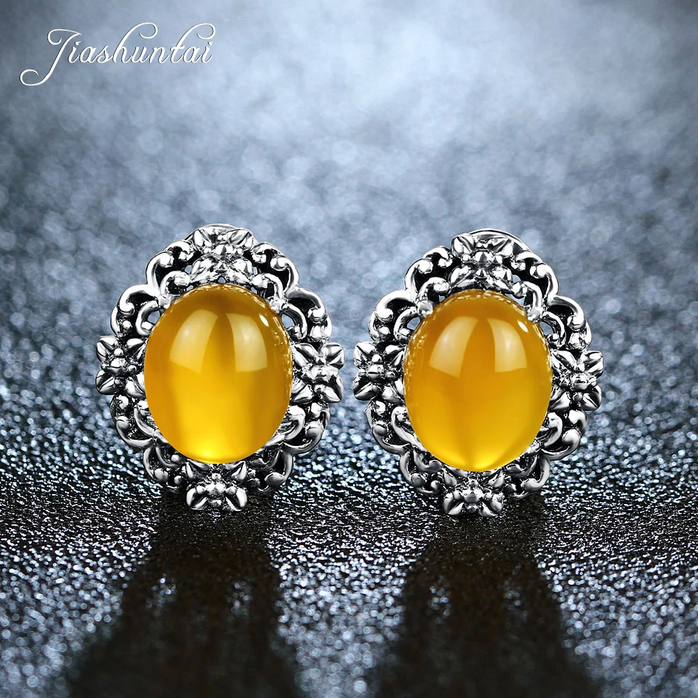 

JIASHUNTAI Retro 100% 925 Sterling Silver Earrings For Women Vintage Natural Yellow Chalcedony Gemstone Clip Earrings Jewelry