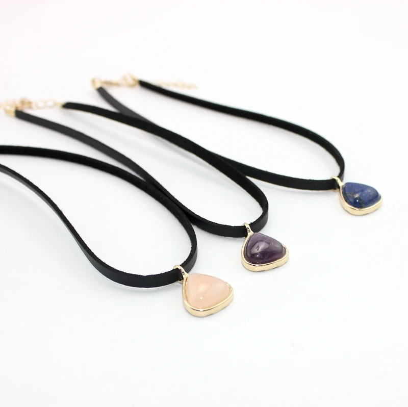 Модное черное ожерелье-чокер из искусственной кожи с натуральными каплями воды и