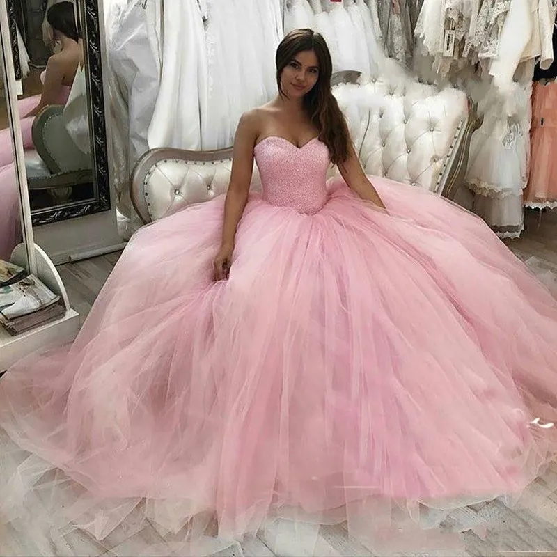 Розовые платья Quinceanera бальное платье с жемчужинами пышный корсет Тюль Арабский