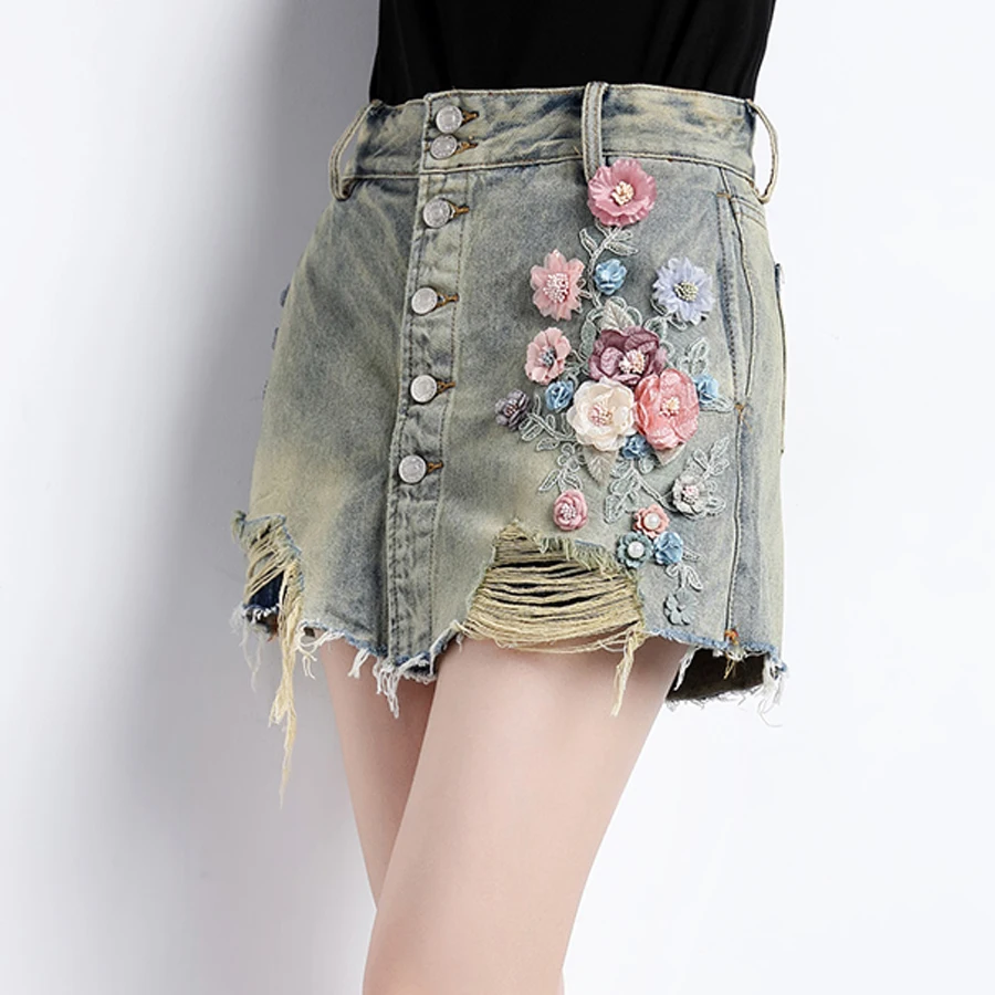 Summer Spring Casual Women Ripped Hole Tassel Appliques Embroidery Denim Shorts Skirts Female Woman Distressed Jeans | Женская одежда