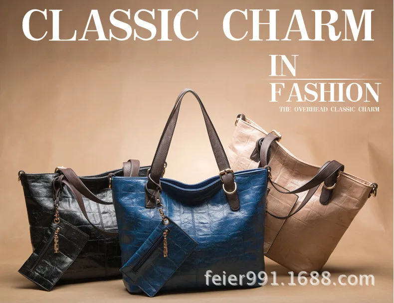 NEW style!!! 100% Genuine Leather Women Handbag Classic Shoulder Bags Lady's Vintage Messenger Clutch Wallet Purse 3Pcs/Lot | Багаж и