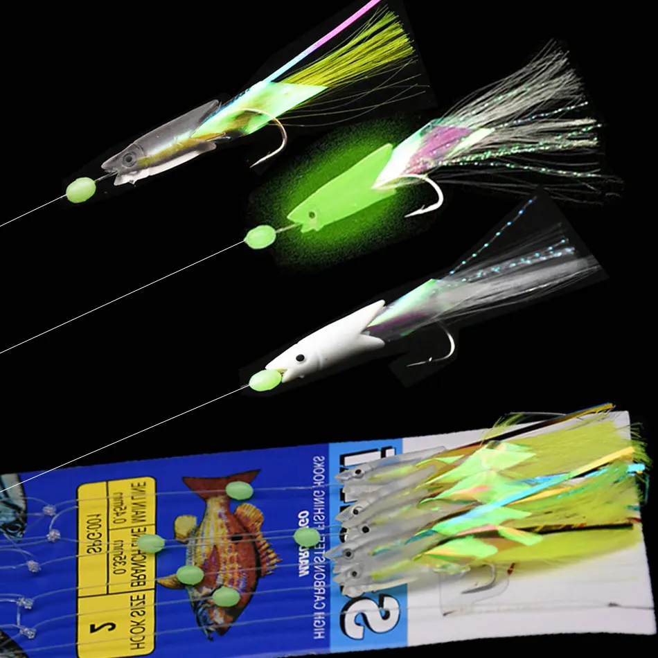 

JYJ 1bag Carbon Steel Mackerel Feathers Bass Cod Lure Sea Fishing Luminous Fishing sabiki Hook Treble Bait Fishing Wire