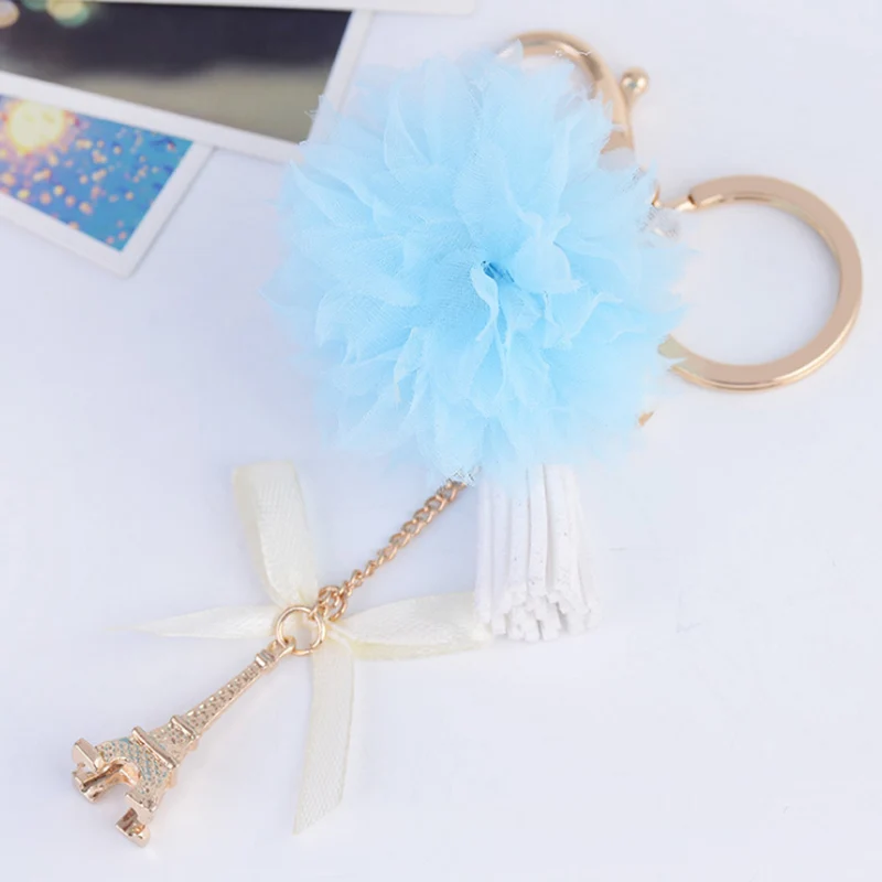 Creative Pom Lace Flower Keychain Bow Pearl Tower Pendant Leather Tassels Women Car Key Chain Ring Holder Trendy Jewelry | Украшения и
