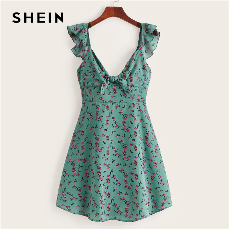 SHEIN, платье размера плюс с оборкой и узлом спереди, платье с цветочным рисунком,, женское летнее платье в стиле бохо, с высокой талией, ТРАПЕЦИЕВИДНОЕ, без рукавов, плюс короткие платья