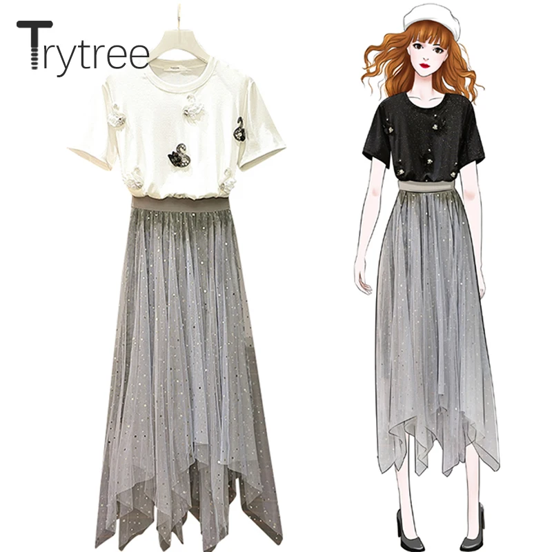 Trytree/летний женский костюм из двух предметов повседневный топ с круглым вырезом и