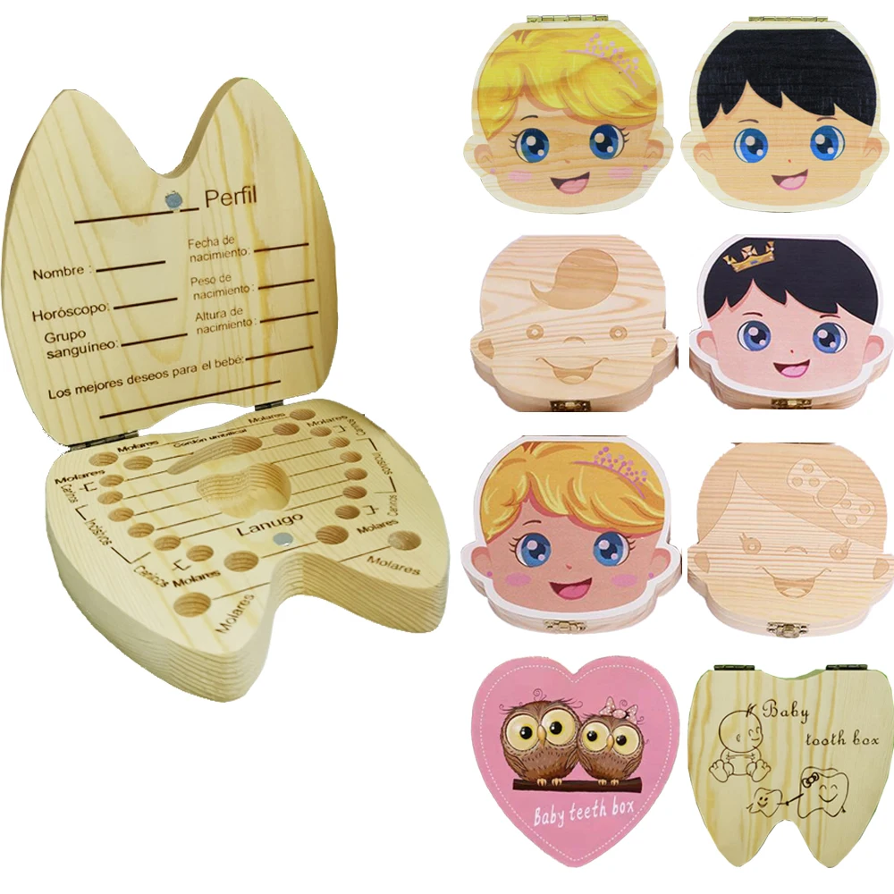 

English/Spanish Wooden Baby Tooth Box Organizer Milk Teeth Storage Umbilical Lanugo Save Collect Baby Souvenirs Gifts