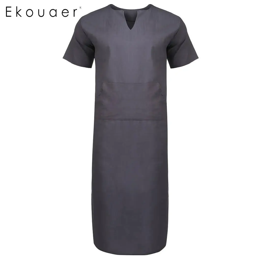 Ekouaer мужские рубашки из хлопка, пижамы с коротким рукавом, одноцветные, с разрезом по бокам, с вырезом, длинная Пижама, ночная рубашка, повседневная домашняя одежда - Цвет: Champagne