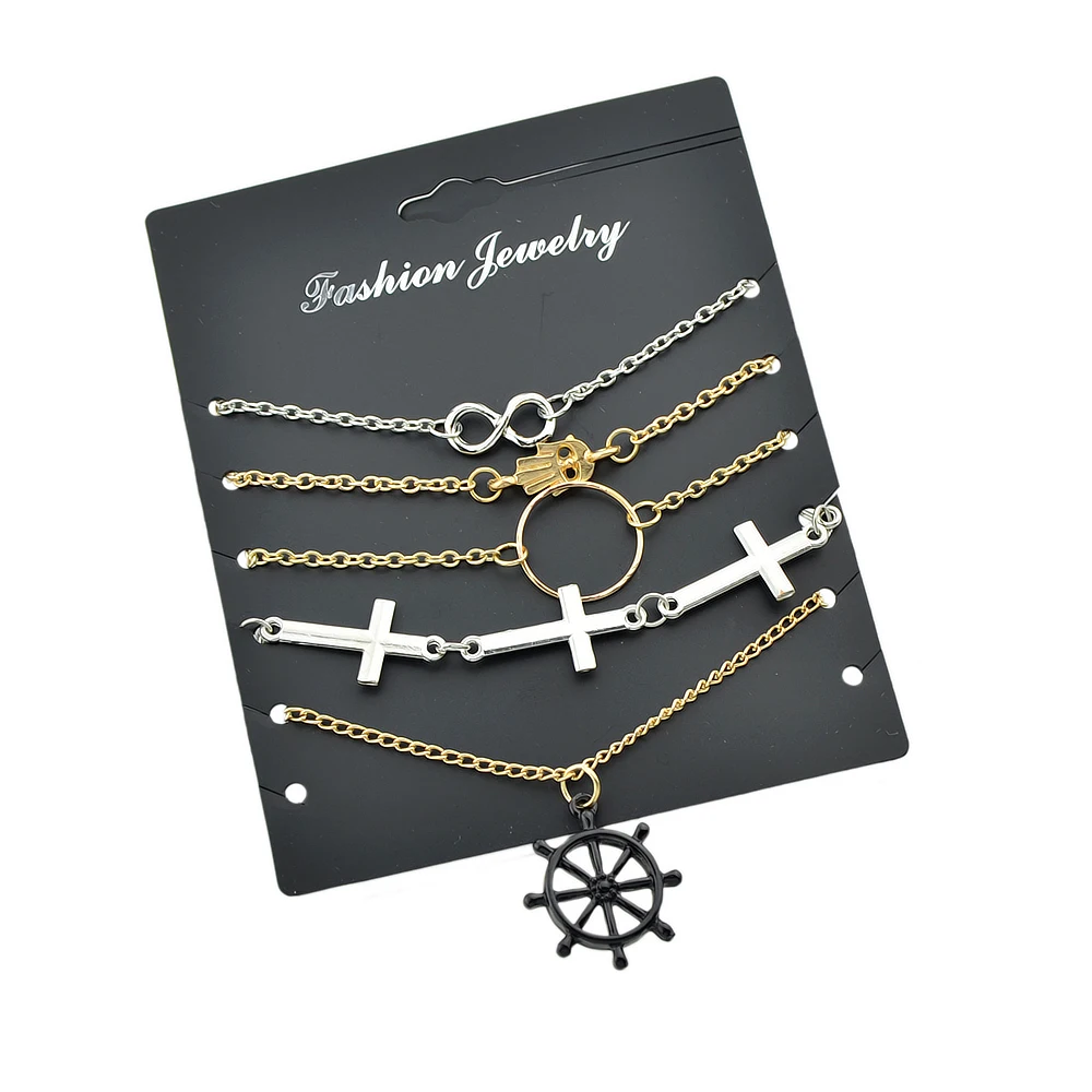 Kayshine 5 Pcs/Set Gold-Color Silver Color Link Chain Hand Cross Number Eight Rudder Circle Shape Charm Bracelet For Women | Украшения и