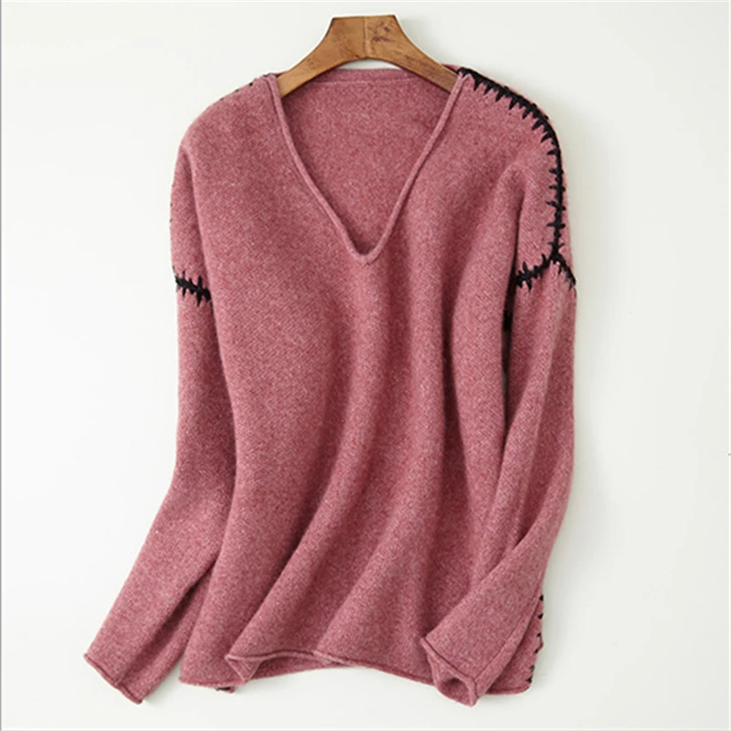 pure goat cashmere knit women fashion handmade sewed spliced Vneck pullover sweater H-straight wide loose solid color S/M/L | Женская
