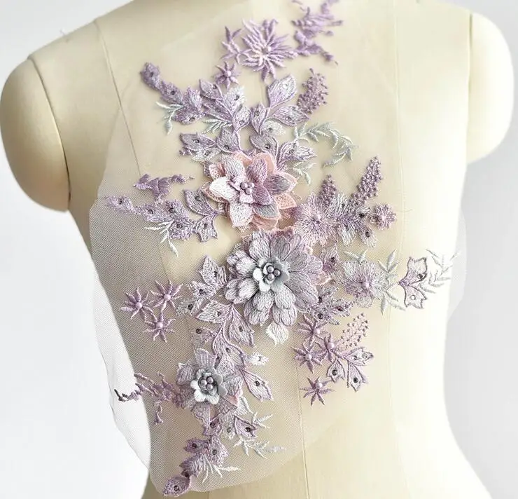 purple 1 шт 40*25 см Розовый Фиолетовый Элегантный 3D цветок вышивка жемчуг бисером кружева аппликация с кружевной отделкой платье Ткань Материал DIY ремесло - Цвет: purple