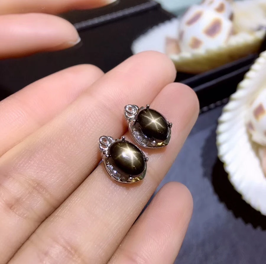 Серьги из серебра 925 пробы с натуральным черным сапфиром|Серьги-гвоздики| |