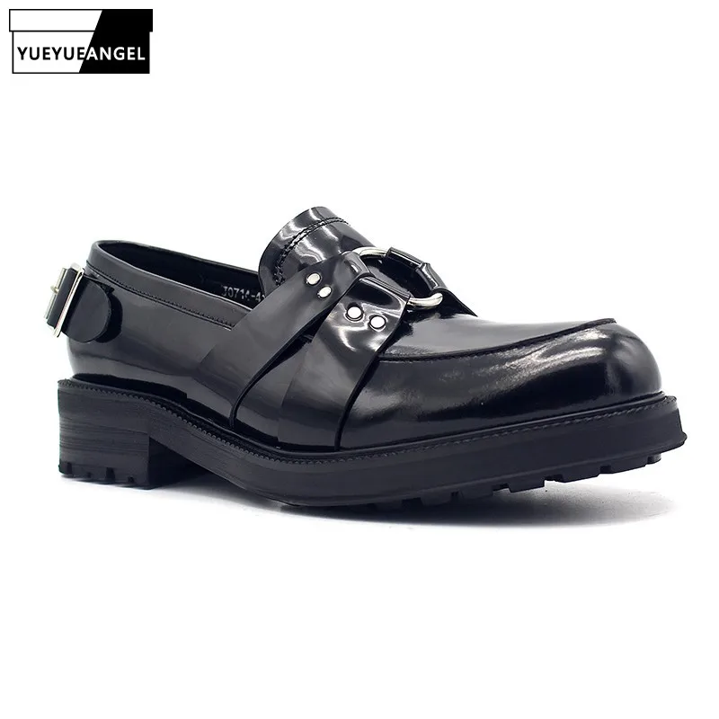 

British Elegant Mens Genuine Leather Dress Shoes Buckle Designer Block Med Heels Round Toe Slip On Loafers Platform Formal Shoes