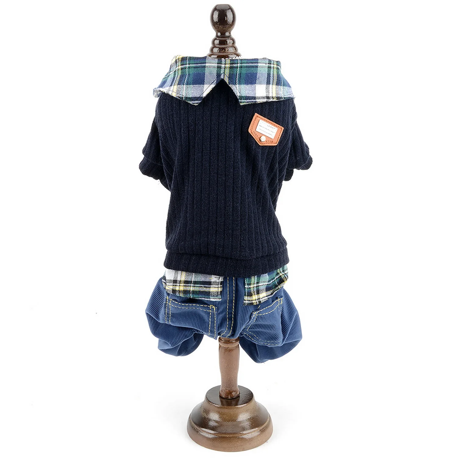 Small Dog Sweater with Plaid Shirt Collar Warm Outfits Student Style Pet Jumper Pants Puppy Knitwear for Autumn Winter |