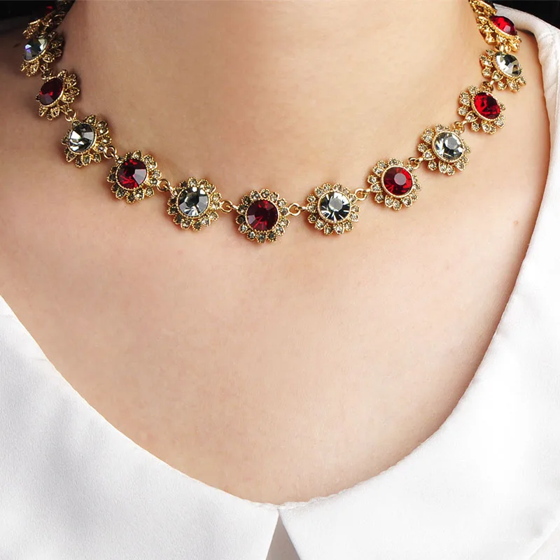 Blucome Vintage Green Flower Choker Necklace Earrings Set Round Crystal Alloy Party Jewelry Sets Women Girls Wedding Decoration|necklace earring