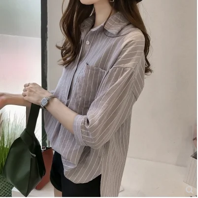 OL/Весенняя блузка рубашка в полоску с тремя карманами и отложным воротником